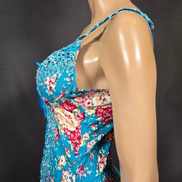 Y2K Blue Floral Lace Bustier Top Ribbon Bow Size M Fairy Feminine Coquette - Picture 7 of 10